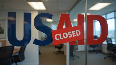 AI-generated image of a USAID office door with a "closed" sign across it