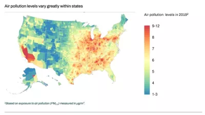A map of the US showing air pollution by county, with the greatest concentrations in parts of California, the Midwest, and parts of the Northeast and Southeast. 