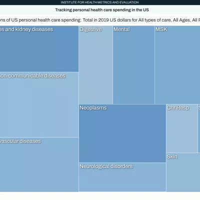 a treemap showing personal health care spending in the US with the most being spent noncommunicable disease such as diabetes and kidney disease, cardiovasicular diseases, musculoskeletal disorders, and cancers.