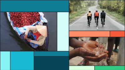 Stylized collage resembling a tree map feature an image of boat full of fruit at floating market, three bikers, and someone washing their hands with clean water.