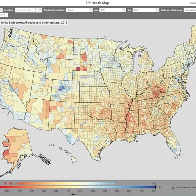 map of the United States showing life expectancy at birth by county