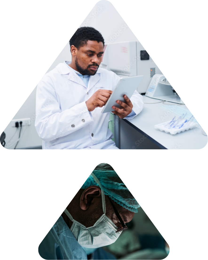 Researcher and surgeon image graphic combination.